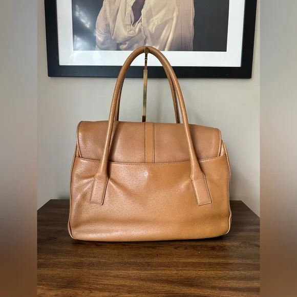 SALVATORE FERRAGAMO Tan Brown Leather Gancini Satchel Flap Bowler Bag Italy - Picture 4 of 10